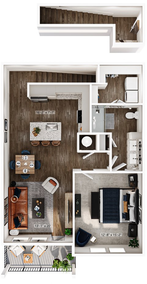 Floor plan for 1 bed, 1 bath, 953 sqft